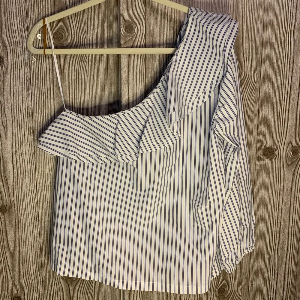 J. Crew 12 pinstripe one shoulder blouse ruffle tailored shirt cotton career NWT